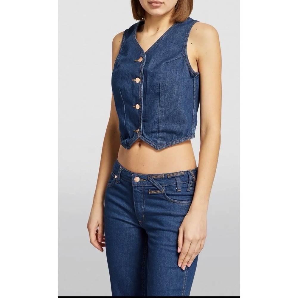 Wrangler x STAUD Denim Vest Dark Wash Cropped Button Front Womens Size L